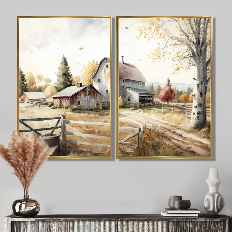 «Beautiful Barn in Spring - Barn Landscape Wall Art Decor», reproduction de toile brune sur toile 2 pièces, H 32 po x l 32 po