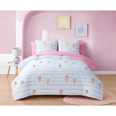 Sundae Stripe 7pc Bed in a Bag for Kids, Reversible Comforter set with bed sheets