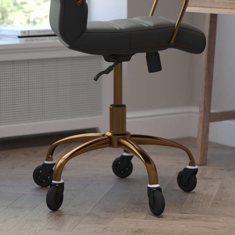Fauteuil de bureau pivotant à dossier moyen avec accoudoirs et roulettes transparentes, Noir, Or
