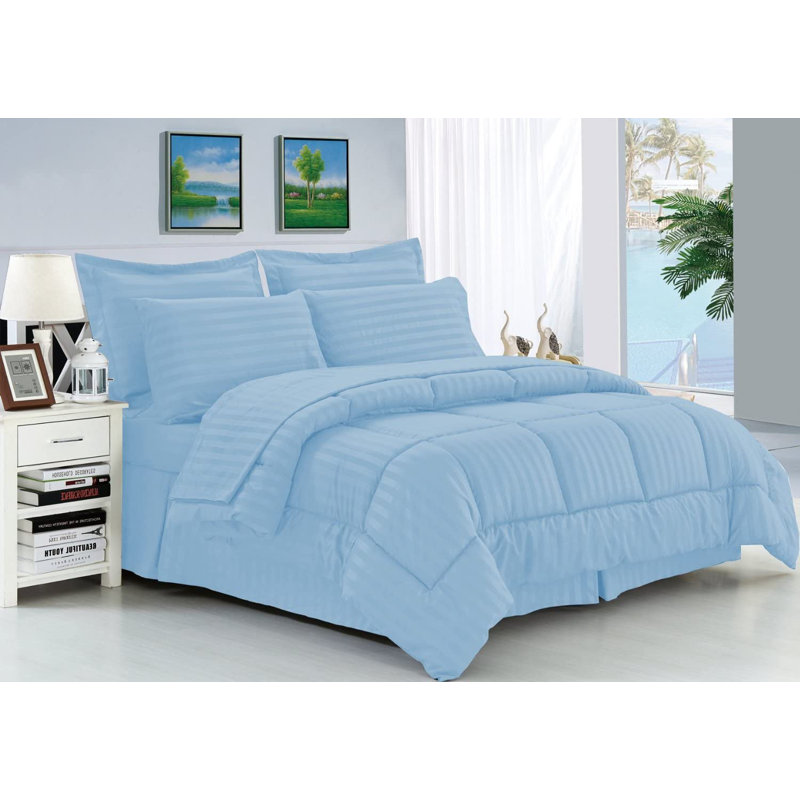 Classic Baffle Box Stitch Striped Comforter, Aqua, King Comforter + 7 Additional Pieces
