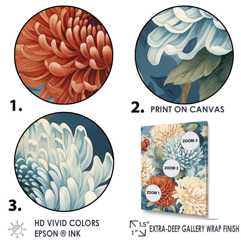 Symphonie de chrysanthèmes blancs et bleus - impression, H 32 po x l 24 po x P 1 po, Cadre simple argenté