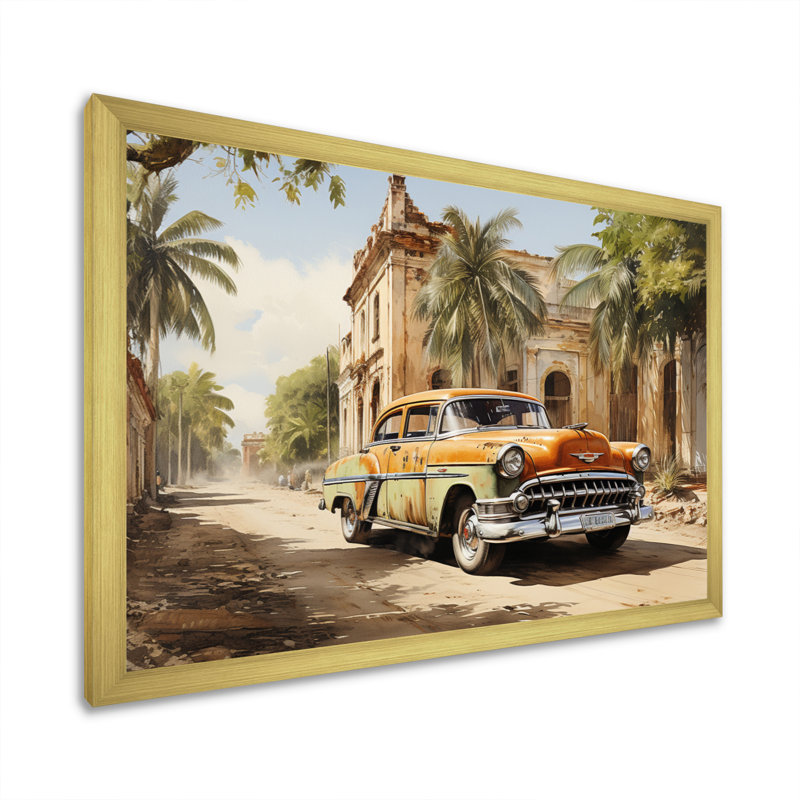 " Orange Classic Cuban Car ", Gold Single Picture Framed, 30" H x 40" W x 1.5" D
