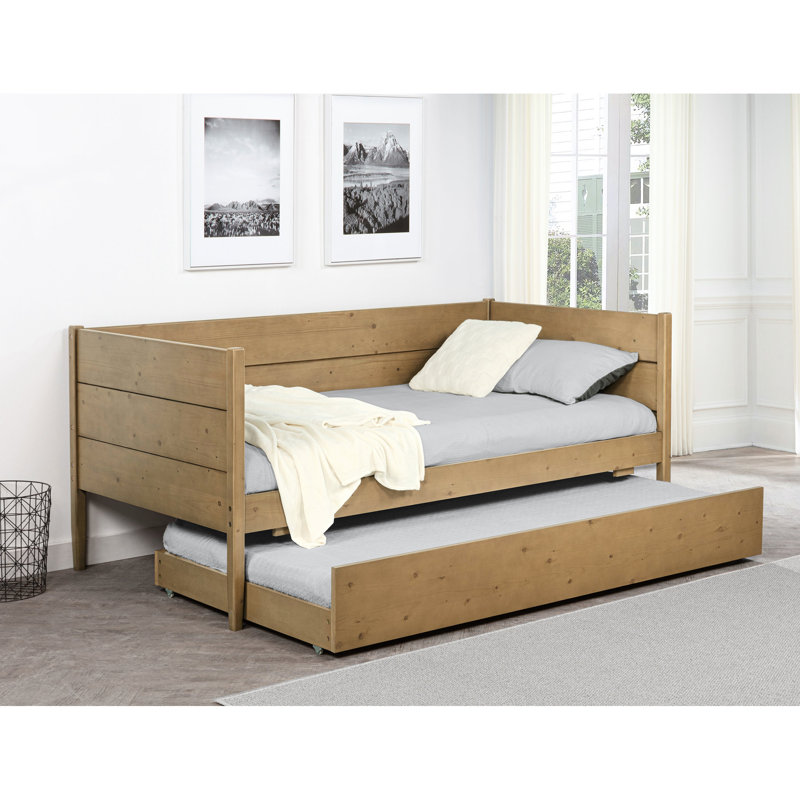 Lit de jour simple naturel avec lit gigogne, conception de style transitionnel, fabrication, lattes coulissantes pour la ventilation du matelas