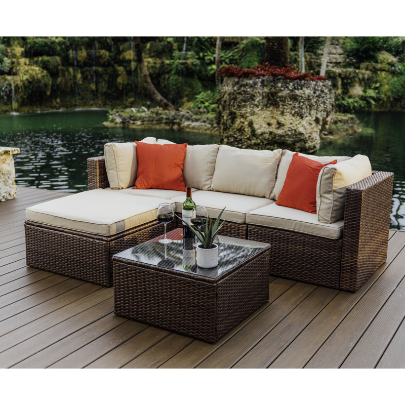 Slunce 4 - Person Outdoor Seating Group with Cushions (Set Of 5), Brown Frame/Beige Cushion