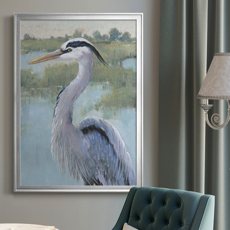 «Blue Heron Portrait I», toile encadrée de qualité supérieure - prête à être accrochée, H 42,5 po x l 30,5 po, Argent argent