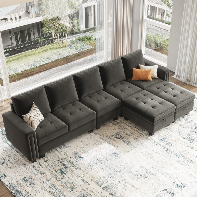 Shavera 6 - Piece 130.6'' Wide Upholstered Sectional Modular Sofa Velvet Large L Shaped Tufted Couch with Storage Ottomans