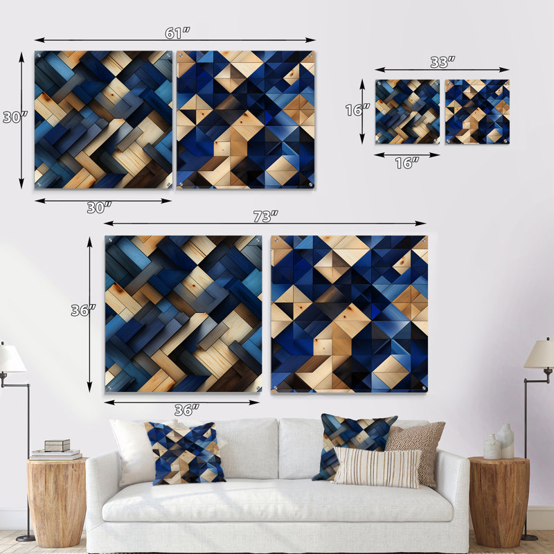 Beige et bleu rayures symétriques - ensemble abstrait géométrique en verre acrylique, H 36 po x l 73 po