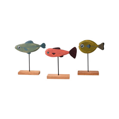 Set of 3 Wooden Fish Figurines, Coastal Hand Painted Fish Sculpture on Wood Stand for Shelf and Tabletop Decor
