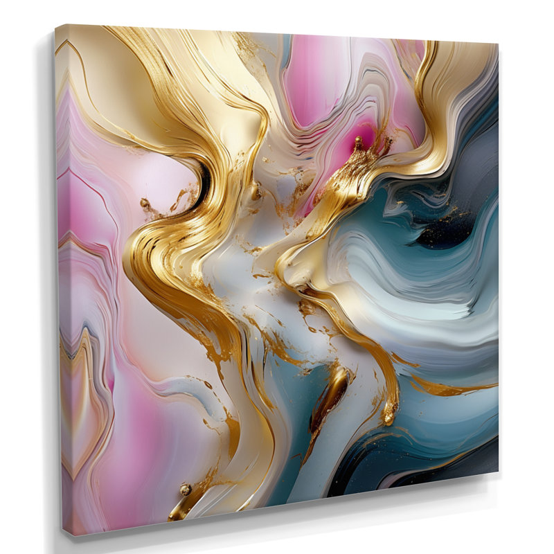 Vagues abstraites rose bleu doré - Vagues modernes abstraites, art mural, H 30 po x l 30 po x P 1 po, Toile tendue