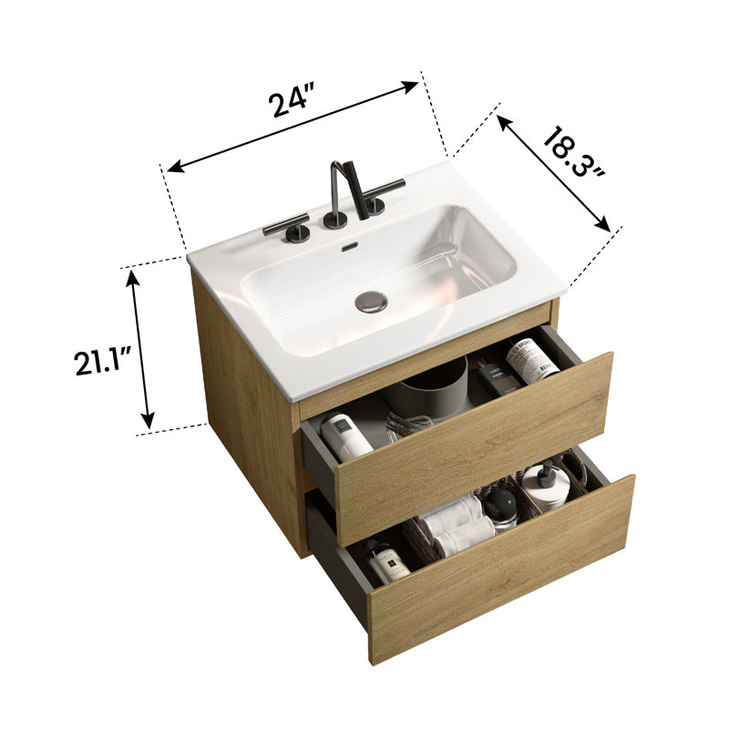 Natural Oak Bathroom Vanity 24" - Ceramic Sink, Silent Drawer Interior Anomaly, Oak, 24"