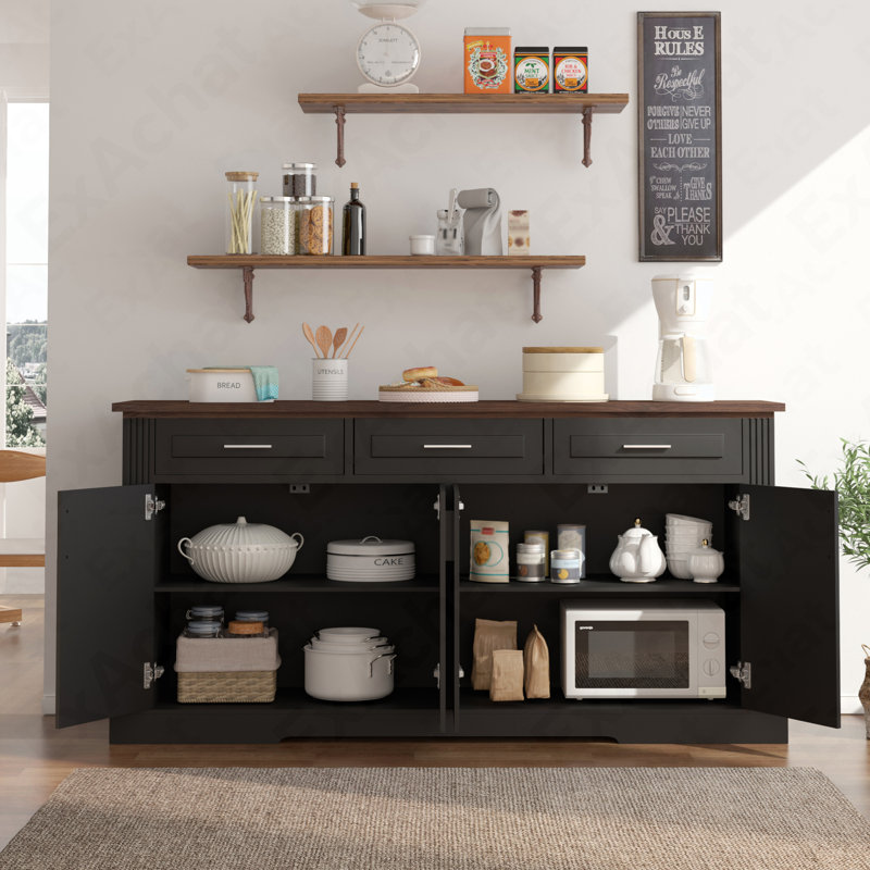 Wooden 63" Fluted Storage Sideboard - 4-Door 3-Drawer Coffee Bar Console For Living Room & Dining Room, Brown/Black