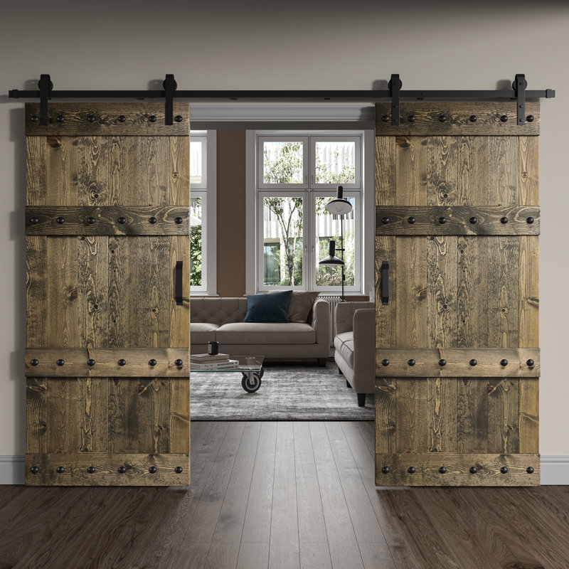 Porte de grange coulissante double en bois de pin avec trousse de quincaillerie Castle Series, Tonneau vieilli, 72 po x 84 po