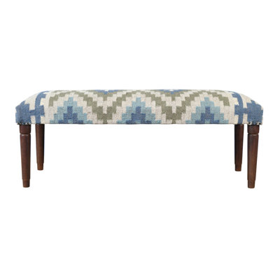 Gracie Mills 47-Inch Sage Blue and Brown Geometric Jute and Wool and Solid Wood Upholstered Bench