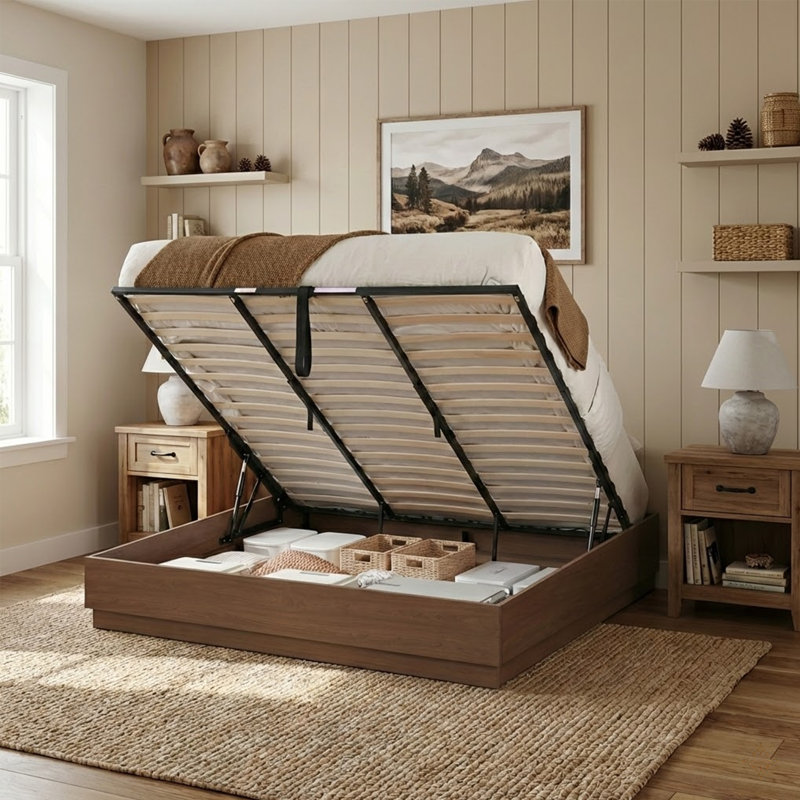 Lit plateforme moderne en bois sans tête de lit avec base étagée et rangement relevable, très grand, brun noyer, Noyer brun