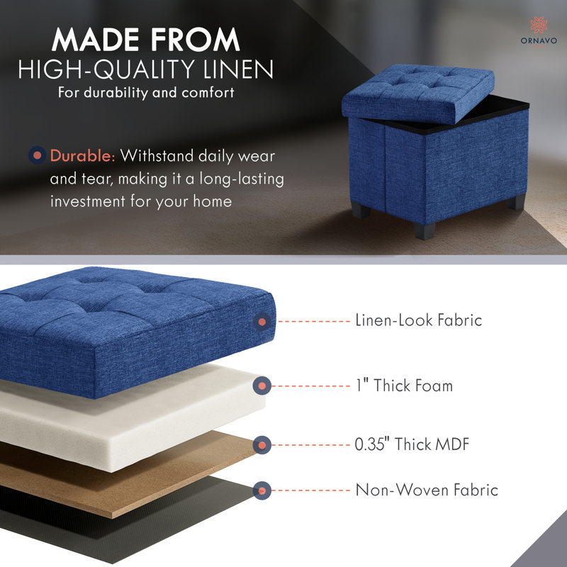 Collapsible Rectangle Small Storage Ottoman with Legs - 12" x 16" x 12", Navy Blue