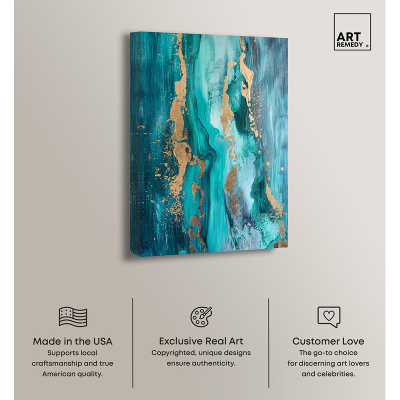 Sea Blue and Gold Abstract Canvas Wall Art, 15" x 10"
