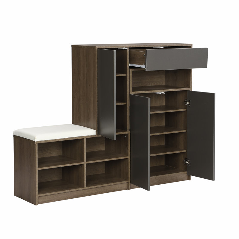 Modern 2-in-1 Shoe Storage Bench with Rebound Doors | Holds 15-20 Pairs, Adjustable Shelves & Padded Seat for Hallway, Gray