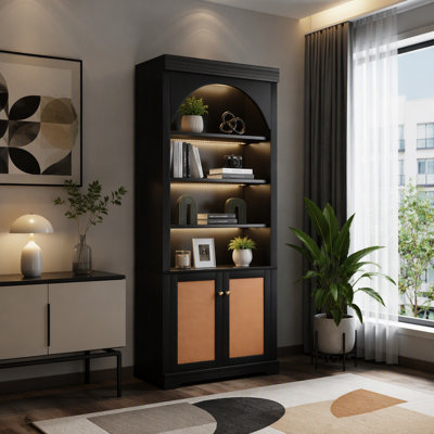 Tall Bookshelf with 4-Tier LED Lighting, Modern Bookcase with 2 Doors, Adjustable Open Shelves, MDF Storage Cabinet for Living Room & Office
