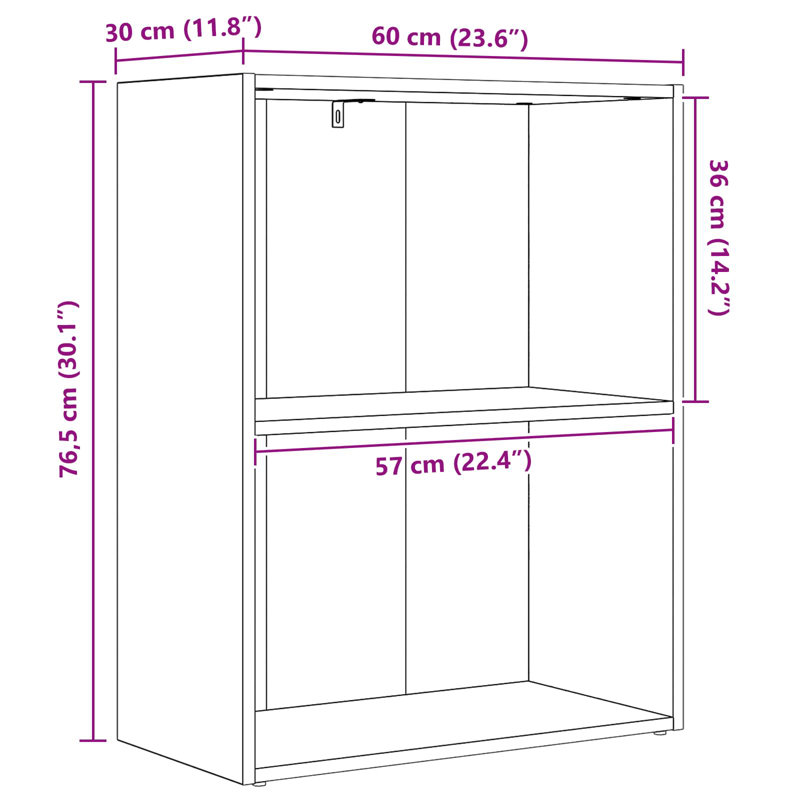 Bookcase, (2 Shelves) 76.5cm. H x 60cm. W x 30cm. D