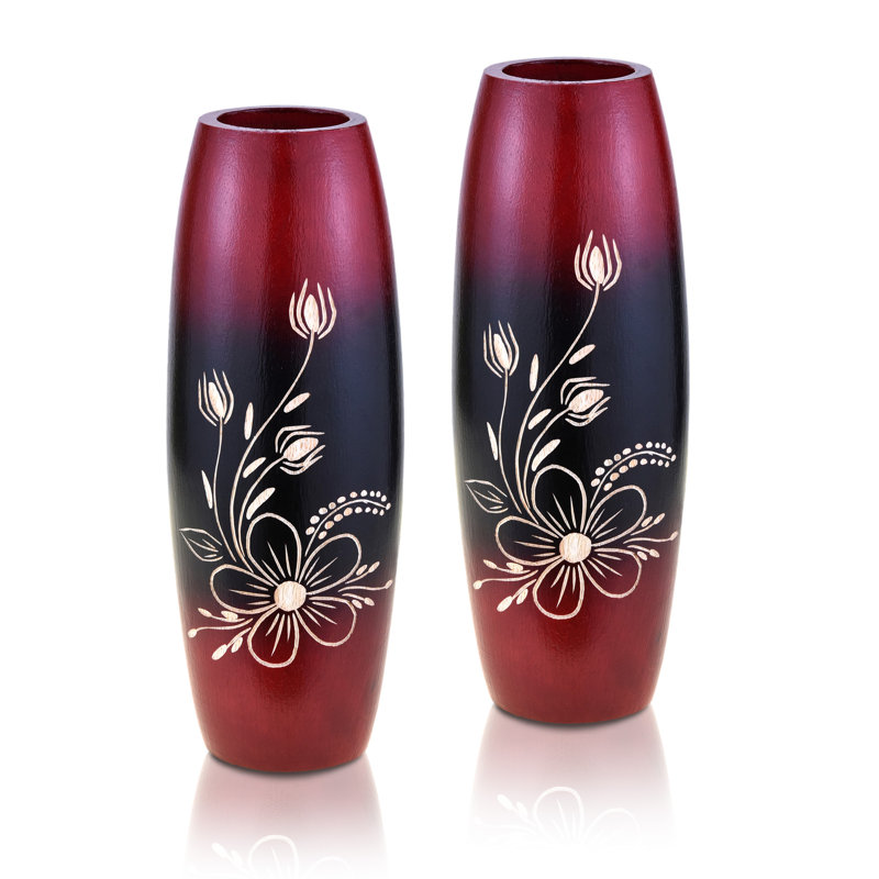 Ensemble de 2 vases de table en bois pour l'intérieur et l'extérieur rouge / noir