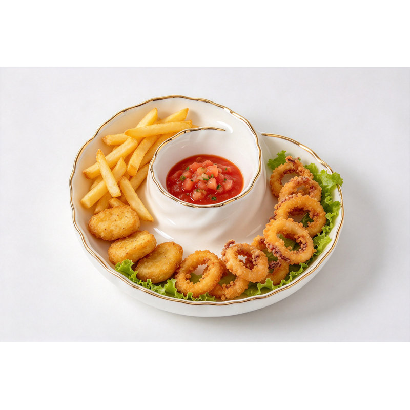 Bol de service rond en porcelaine blanche pour croustilles et sauces, avec bordure dorée, collection Portofino pour recevoir à table