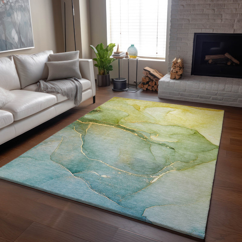 Premium Machine Washable Cerrito AMF508 Green Rug, Rectangle 9' x 12'