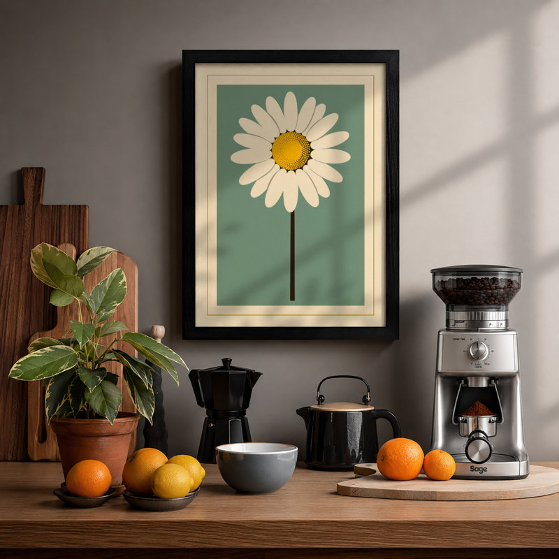 Single Daisy Botanical - Framed Print, A4 - 29.7 x 21.0 cm, Black
