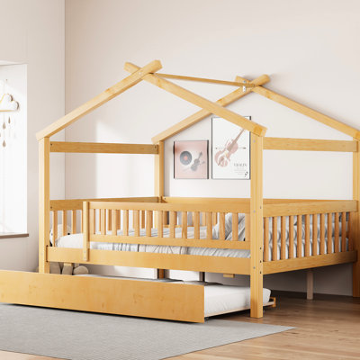 Lit double en bois pleine grandeur avec lit gigogne simple, aspect naturel, design classique, confortable, matériaux de haute qualité, lit pour outils d'assemblage, lit gigogne pour plus d'espace de couchage, bois de pin massif et,