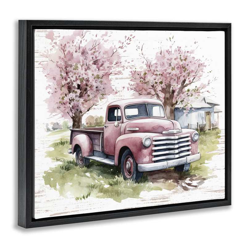 "Cherry Blossoms & Pickup", art mural encadré flottant par lettré et doublé, H 25 po x l 31 po, Cadre flottant noir de jais