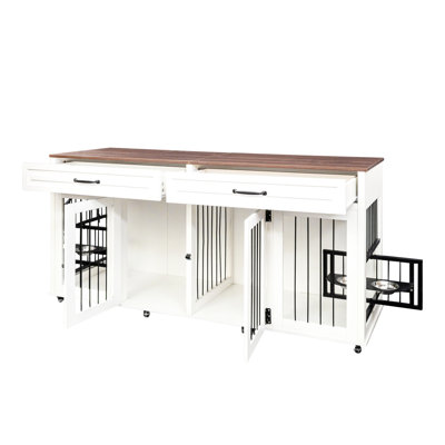 Niche pour chien robuste en noyer et blanc - cage en bois avec tiroirs à double porte pour chiens de grande taille