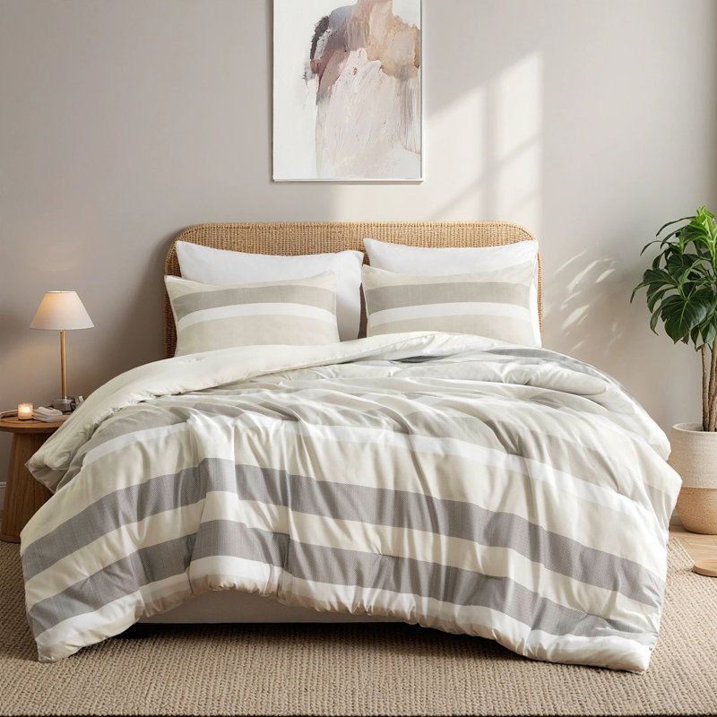 Ensemble de literie de qualité supérieure 3 pièces, à rayures texturées, beige neutre, double / grand