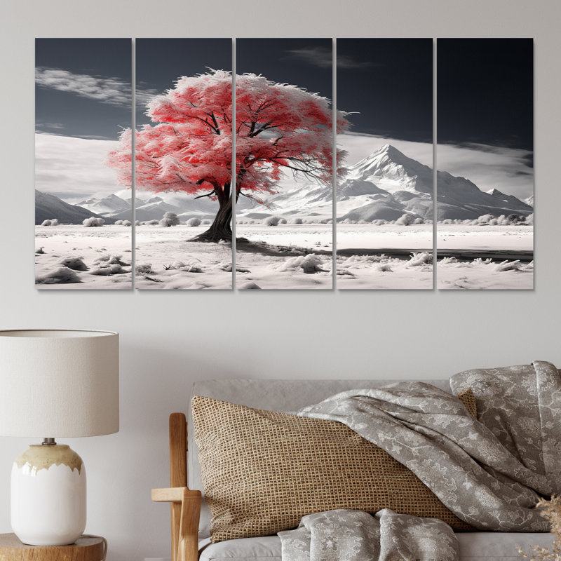 «Red Tree Symphony In Winter II», art mural sur toile paysage d'hiver - 5 panneaux égaux