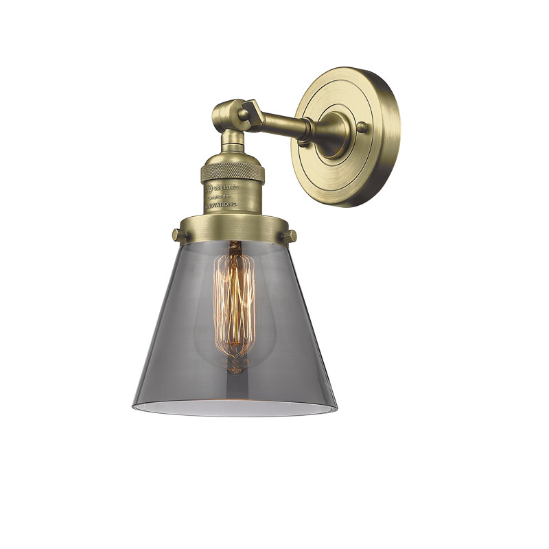 Cone 1 Light Sconce, Antique Brass, 6 Watt Vinage LED Bulb, Smoked
