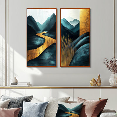 Quiet Bold Mountain In Emerald Gold Harmony I - Cottage Canvas Prints 2 Pieces Collection