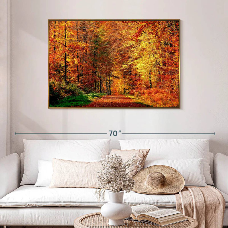 Chemin vers la forêt d'automne, 46 po x 31 po, Cadre flottant doré