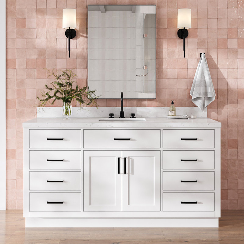 Thornaby 66'' Solid Wood Single Bathroom Vanity with 1.5'' Carrara Quartz Top, White, Rectangular