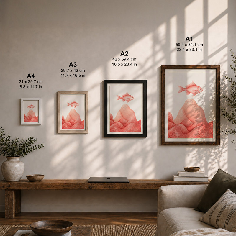 Floating Fish in Coral Boho - Framed Print, A3 - 42.0 x 29.7 cm, Walnut