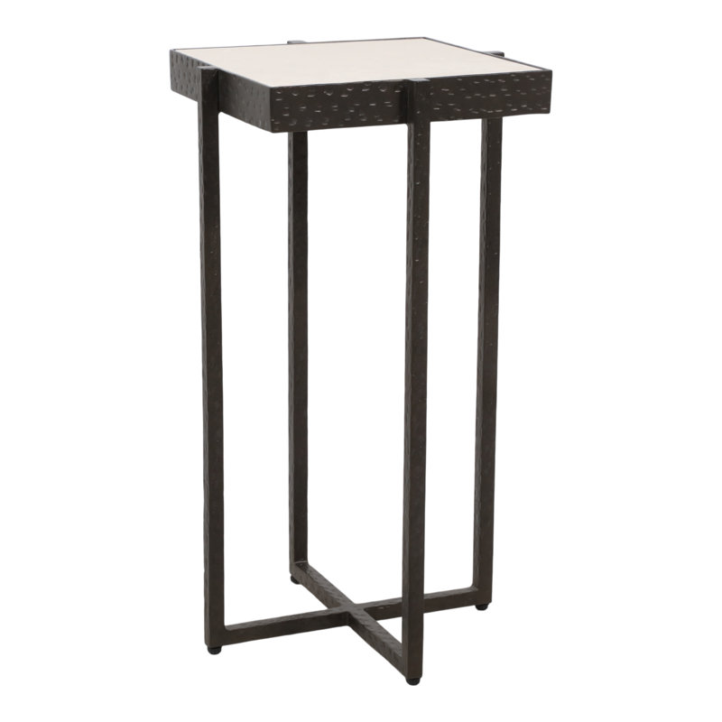 Modern Square Marble Top Forged Metal Drink Table for Living Room - Slim Pedestal Accent End Table for Decorative Display, Entryway, and Seating Areas