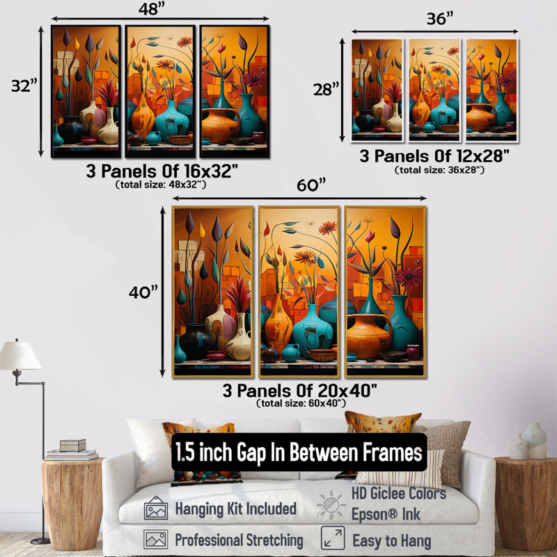«Orange Boho Pottery Expressions I», art mural Boho, H 32 po x l 48 po x P 1 po, Cadre flottant brun