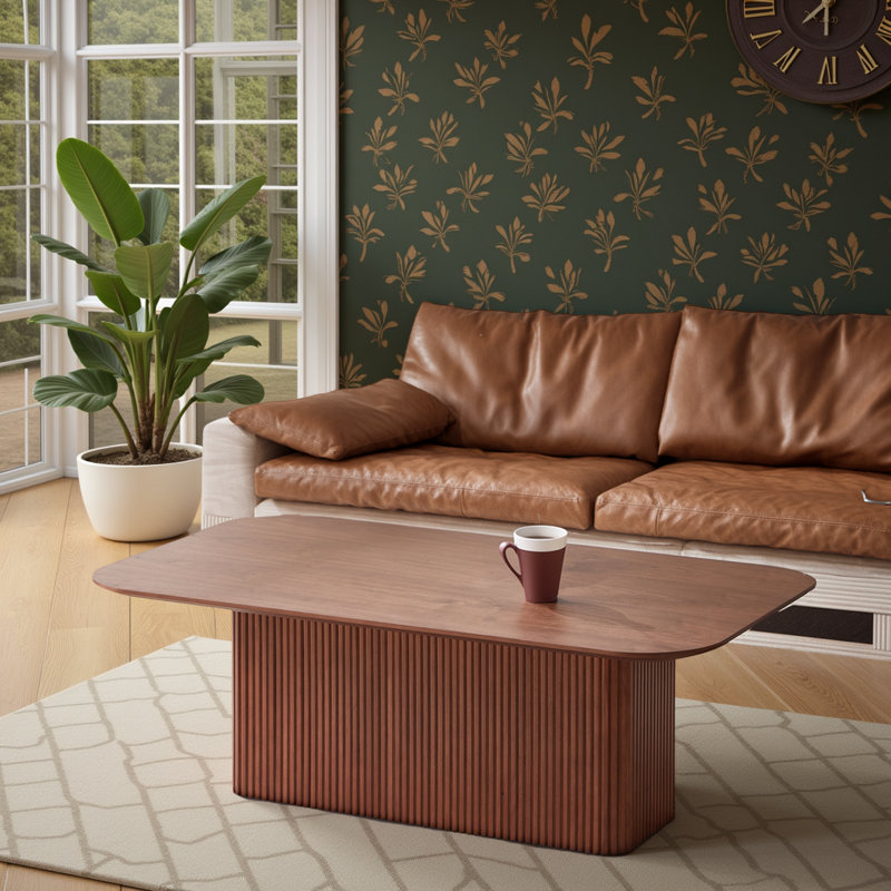 Modern Walnut Coffee Table - Rectangular MDF Top with Black Metal Legs
