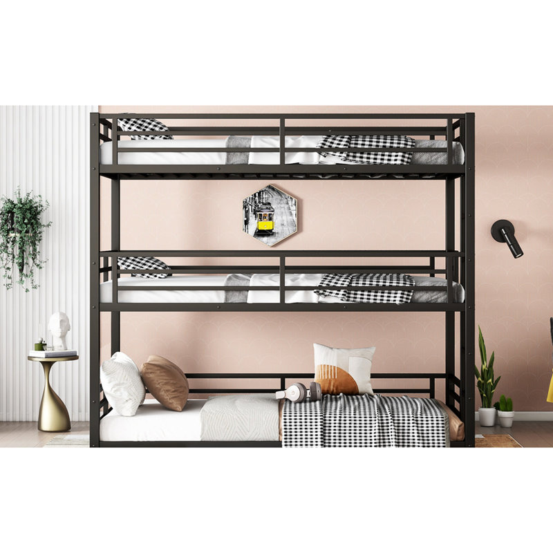 Lit superposé triple en métal noir avec lit simple TG, structure robuste et lattes de réduction du bruit pour des barrières de sécurité silencieuses, chambres partagées peu encombrantes