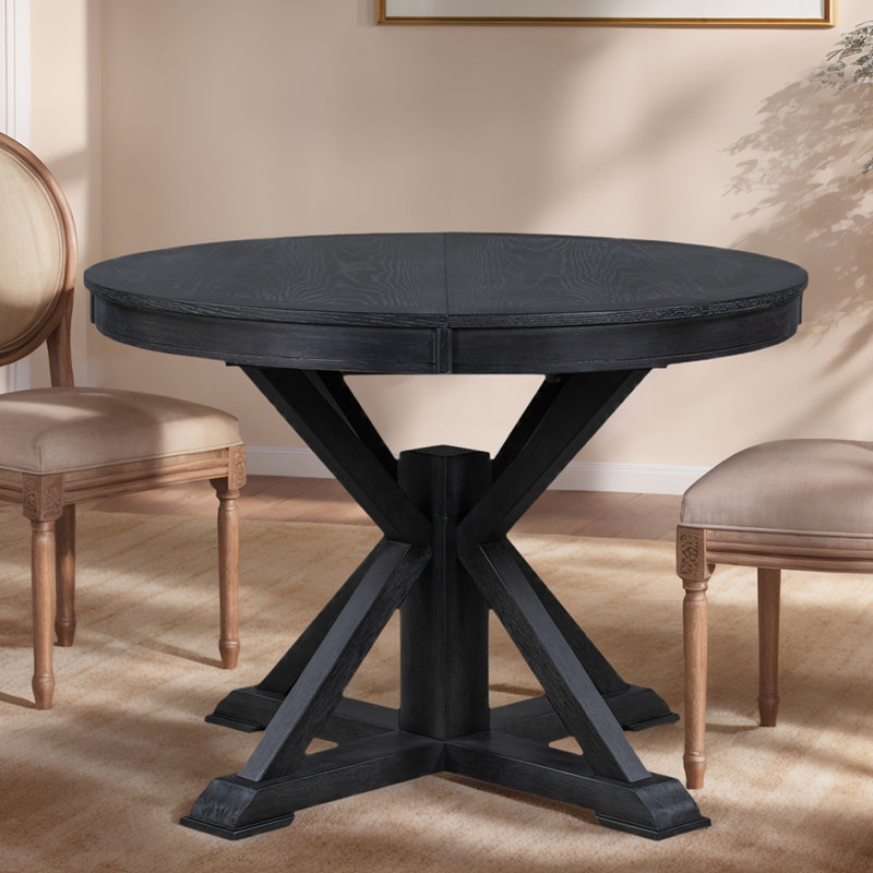 Table de salle à manger rétro extensible avec rallonge papillon - base en bois massif, convertible ovale / ronde pour 6 personnes