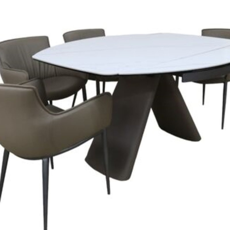 Extendable Round Stone Top Solid Wood Base Dining Table
