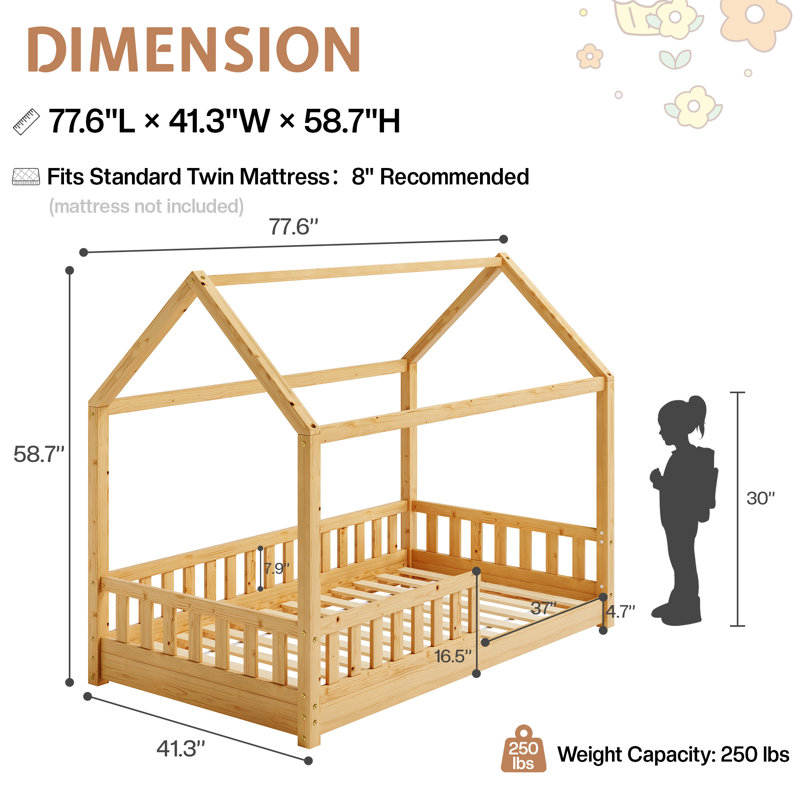 Solid Wood House Bed with Guardrails, Montessori Floor Bed for Kids, Low Profile Toddler Bed Frame with Slats,Natural Wood