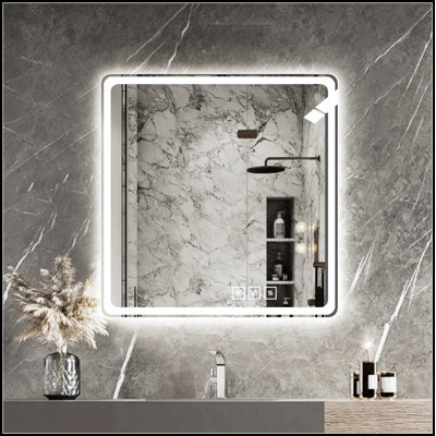 Miroir de salle de bain à DEL avec anti-buée et lumières avant, conception sans cadre pour une application de maquillage transparente, miroir argenté sans cuivre de 5 mm, montage horizontal ou vertical