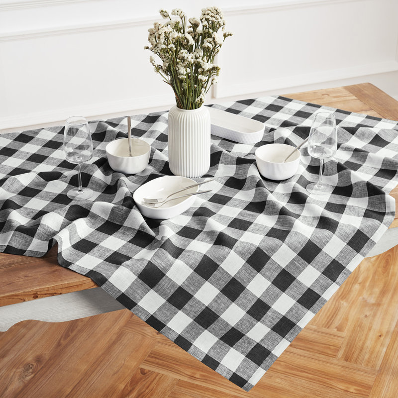 Fete - 100% Pure Linen Table Throw, Black/White, Checkered