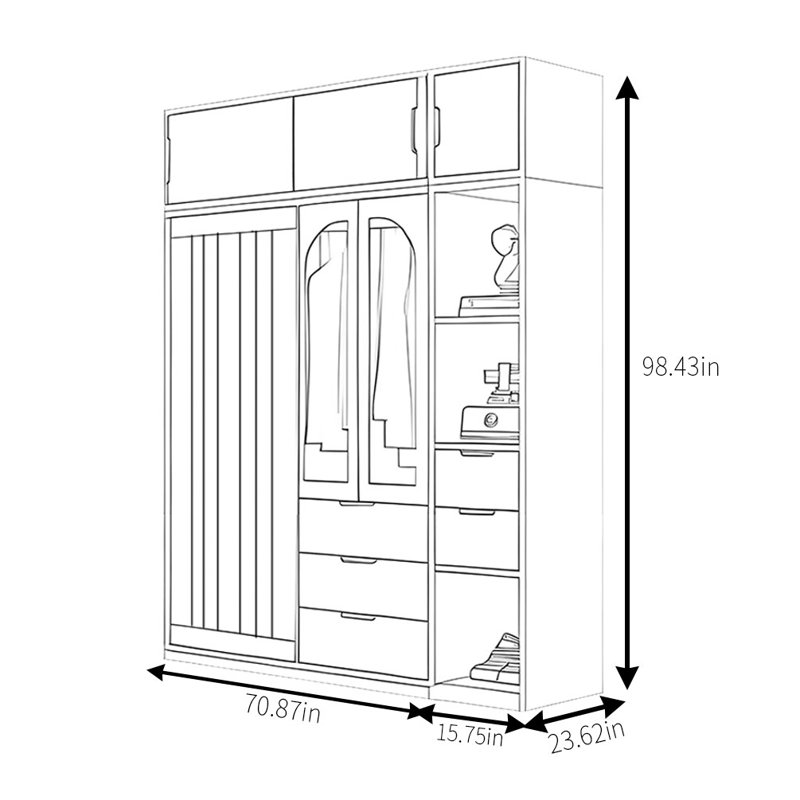Retro Simple Push Pull Wardrobe, 98.43" H x 86.61" W x 23.62" D