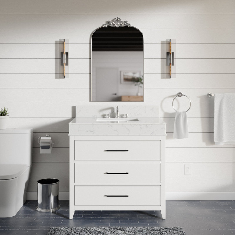 Meuble-lavabo simple 36 po avec plateau en pierre d'ingénierie Bayla, Blanc