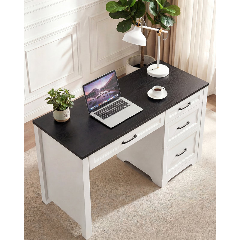 Bureau de direction Farmhouse avec classeur, plateau de table blanc noir, tiroirs de rangement, bureau à domicile compact