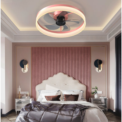 Modern Slim Flush Mount Ceiling Fan with Dimmable LED Remote Control, Rose Gold
